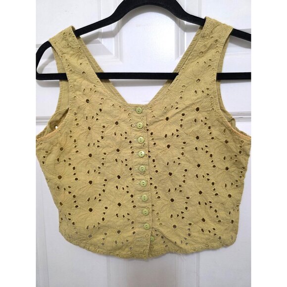 Together Yellow Eyelet Button-Front Sleeveless Crop Top Size 2 100% Cotton Women - Picture 2 of 7